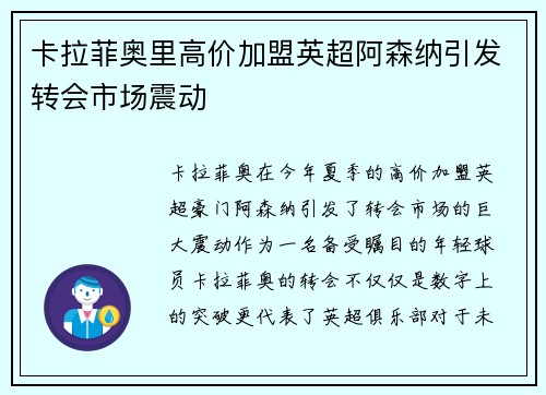 卡拉菲奥里高价加盟英超阿森纳引发转会市场震动